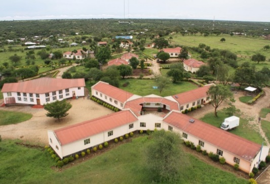 Aerial view of the Terrat community hostel buildings.